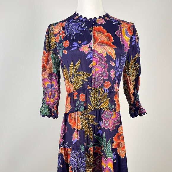 $598 NWT Johnny Was Jade Silk Blend DAPHNE TEA Tiered Ruffles Midi DRESS Size XS - Picture 6 of 16